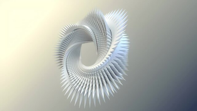 Digital seamless loop animation of a white abstract figure in the shape of a Moebius ring, consisting of many sharp protrusions, on a gray gradient background. 3d rendering. 4K, Ultra HD resolution