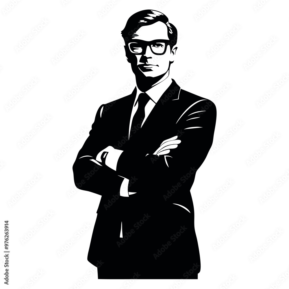 Canvas Prints a black and white silhouette of a man in a suit and tie. he is standing with his arms crossed in fro