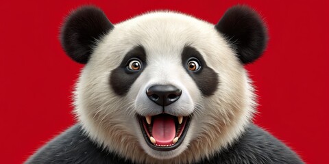 Obraz premium Surprised Panda with Open Mouth on Red Background, 3D Render, Animal Portrait, Cute Panda, Panda Expression, Panda Face, Red Background