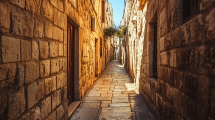 Narrow cobblestone alleyway between stone buildings with a door and a window in an old European city.