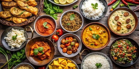 Top View of a Delicious Indian Food Spread, Multiple Dishes, Rustic Wooden Table, Food Photography, Indian Cuisine, Food Styling, Culinary