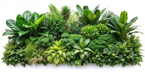 Tropical Green Wall with Various Plants, white background, close-up, texture, green foliage ,tropical plants, foliage wall