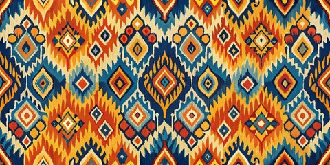 Vibrant Ikat Pattern in Blue, Orange, and Yellow, Seamless Pattern, Textile Design, Ikat, Pattern
