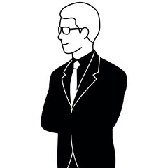 a black and white silhouette of a man in a suit and tie. He is standing with his arms crossed in front of him and is facing towards the left side of the image