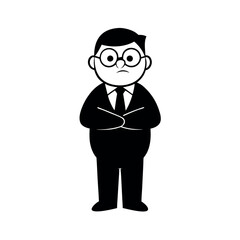 a black and white silhouette of a man in a suit and tie. He is standing with his arms crossed in front of him and is facing towards the left side of the image