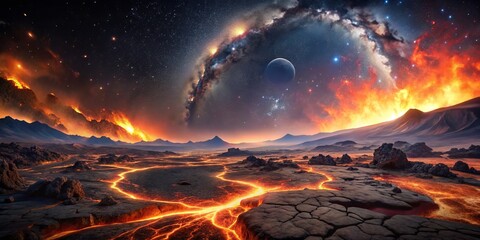 Volcanic Planet with Milky Way Galaxy and a Distant Moon, Digital Art, Landscape, Space Exploration, volcanic planet, milky way, space exploration