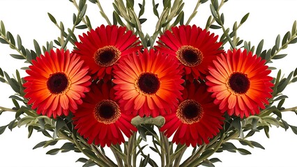Red and orange gerber flowers and green branches seamless pattern, isolated flowers on white background
