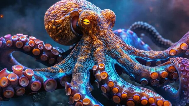 Giant pacific octopus moving through a coral reef