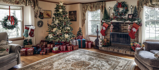 Fototapeta premium A festive fireplace mantel adorned with Christmas garlands, stockings, and candles, with a wreath hanging above and a warm fire burning in the hearth.