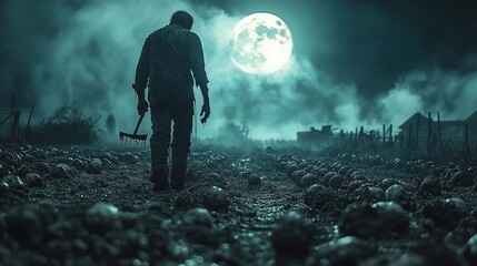 A lone figure walks through a field of skulls under a full moon.