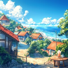 Thunderous Summer Skies: An Anime-Inspired Illustration, Beautiful Blue Skies with Nature, Moon ,Cloud ,Beach scenery, Tree, night -Anime concept Background
