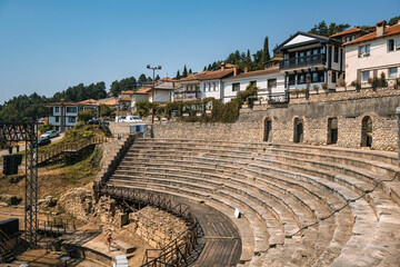 Ancient amphitheater in the old town of Ohrid in North Macedonia