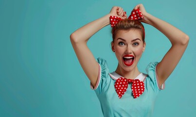 Naklejka premium A fashionable woman displays a stunning vintage look, featuring a polka dot blouse and elegant classic makeup