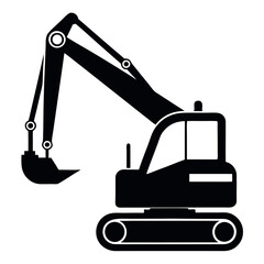 a black and white silhouette of an excavator. The excavator is shown in a side view, with the arm extended upwards and the bucket at the end of the arm