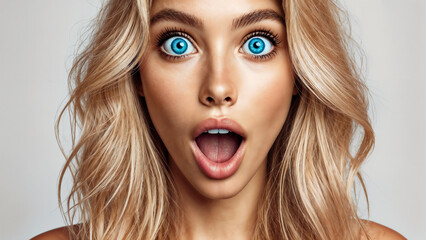 Blonde woman with wide open blue eyes expressing surprise