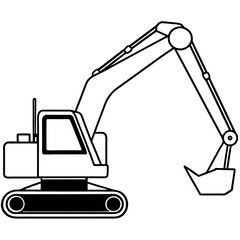 a black and white silhouette of an excavator. The excavator is shown in a side view, with the arm extended upwards and the bucket at the end of the arm