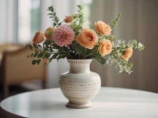 Beautiful bouquet of pink roses for decoration in a small ceramic vase
