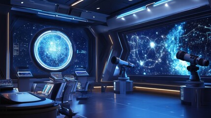 Fototapeta premium Futuristic Space Station Interior with Telescopes and Star Charts.