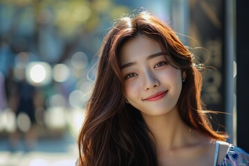 Joyful and expressive playful glance captures her dynamic allure. Beautiful korean girl radiates joy confident wink and casual vibe. Her radiant smile and wink embody essence of fun and vibrance.