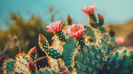 green spined cactus with pink blooms, desert close-up capturing sharp beauty, emphasizing bright colors and sunny tranquility, with soft sky backdrop