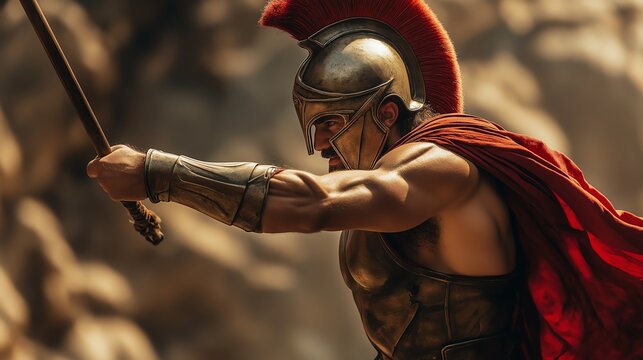 Spartan warrior practicing spear throwing, muscles tense, in an ancient arena, demonstrating skill and technique.