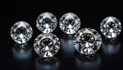 A collection of six sparkling diamonds with a brilliant cut is elegantly displayed against a dark background, showcasing their clarity and intricate facets