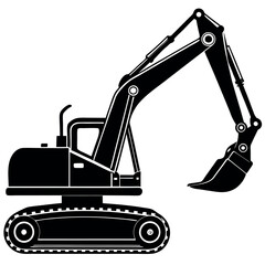 a black and white silhouette of an excavator. The excavator is shown in a side view, with the arm extended upwards and the bucket at the end of the arm