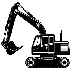 a black and white silhouette of an excavator. The excavator is shown in a side view, with the arm extended upwards and the bucket at the end of the arm