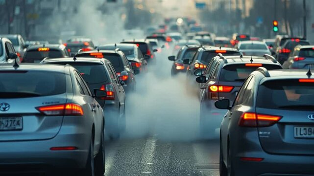 Cars stuck in traffic jam releasing pollution fumes
