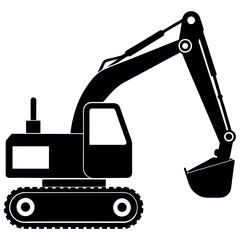 a black and white silhouette of an excavator. The excavator is shown in a side view, with the arm extended upwards and the bucket at the end of the arm