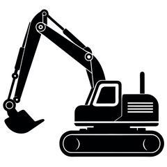 a black and white silhouette of an excavator. The excavator is shown in a side view, with the arm extended upwards and the bucket at the end of the arm