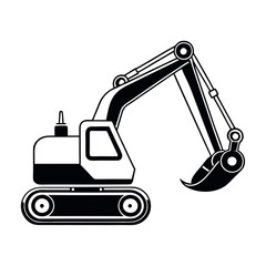 a black and white silhouette of an excavator. The excavator is shown in a side view, with the arm extended upwards and the bucket at the end of the arm
