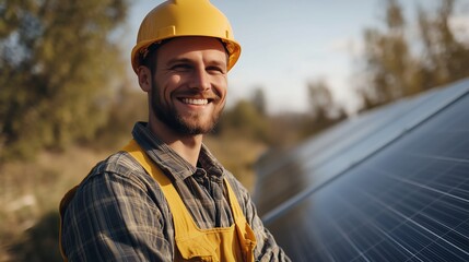 Obraz premium Happy man, engineer and solar panel for eco friendly environment or alternative energy in nature