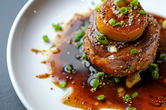 fuagra with mustard seeds and green onions, selective focus