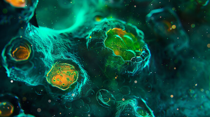 Microscopic View of Jade-Colored Cancer Cells in Animals"
"Detailed Microscopic Study of Jade-Tinted Animal Cancer Tissue"