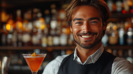 smiling bartender serving a colorful cocktail drink on the counter bar.