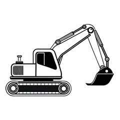 a black and white silhouette of an excavator. The excavator is shown in a side view, with the arm extended upwards and the bucket at the end of the arm