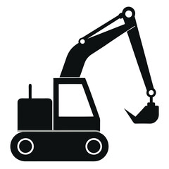 a black and white silhouette of an excavator. The excavator is shown in a side view, with the arm extended upwards and the bucket at the end of the arm