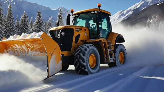 Yellow bulldozer removing snow from a mountain road