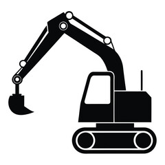 a black and white silhouette of an excavator. The excavator is shown in a side view, with the arm extended upwards and the bucket at the end of the arm