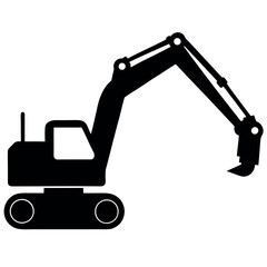 a black and white silhouette of an excavator. The excavator is shown in a side view, with the arm extended upwards and the bucket at the end of the arm
