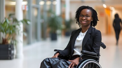 Professional Woman Wheelchair Smiling Confident Modern Office Environment. AI Generated