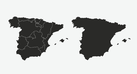 Set of Spain maps. Spain map with regions isolated on white background. Silhouette of Spain map. Vector illustration