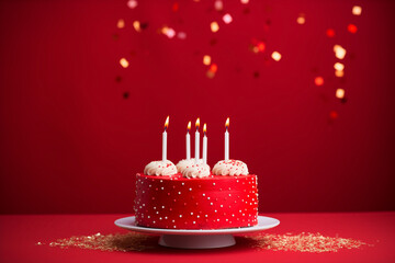 red birthday cake with frosting and five candles