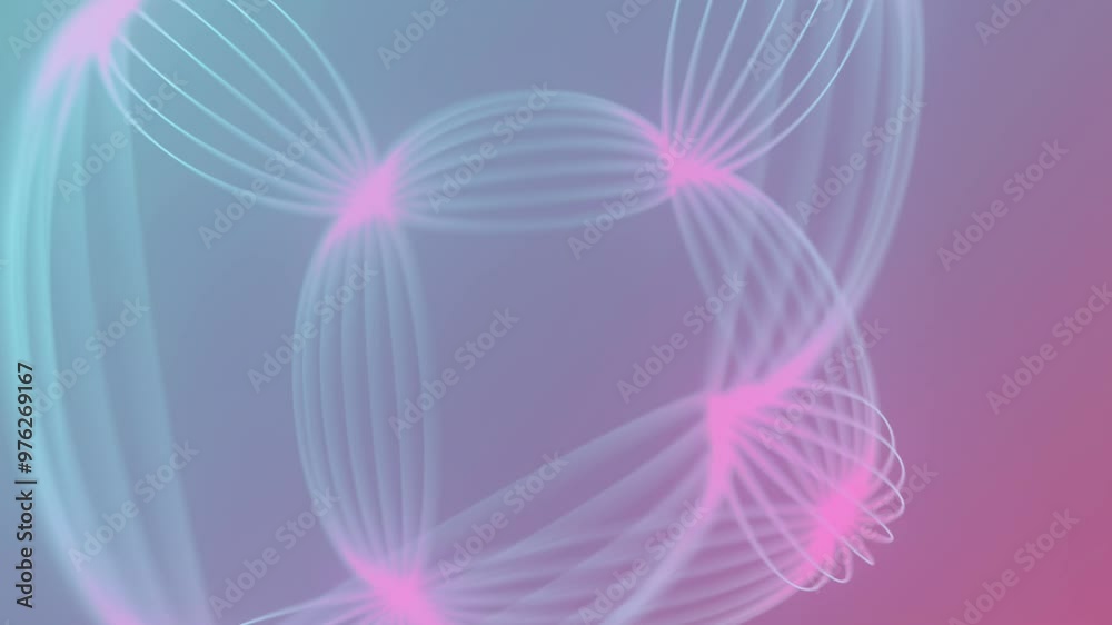 Poster Abstract digital seamless loop animation of a geometric figure of smooth oval shape composed of thin glowing lines in soft shades of pink and blue. 3d rendering 4K