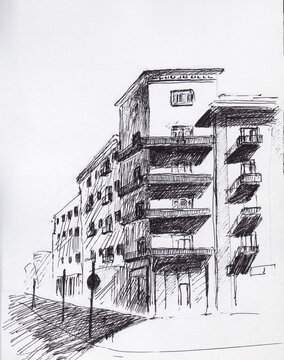 Pen-drawn sketch of a residential building typical of northern Poland during the Soviet era. The multi-story structure features several balconies and modern commercial space on the first floor.