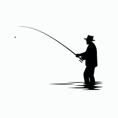 Fototapeta premium a black silhouette of a man fishing. He is standing in the water and is holding a fishing rod with both hands. The man is facing towards the right side of the image and appears to be casting his line 