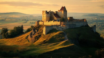 Obraz premium A majestic medieval castle perched atop a hill with a scenic backdrop of rolling hills and a golden sunset.