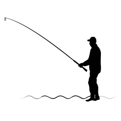 Obraz premium a black silhouette of a man fishing. He is standing in the water and is holding a fishing rod with both hands. The man is facing towards the right side of the image and appears to be casting his line 