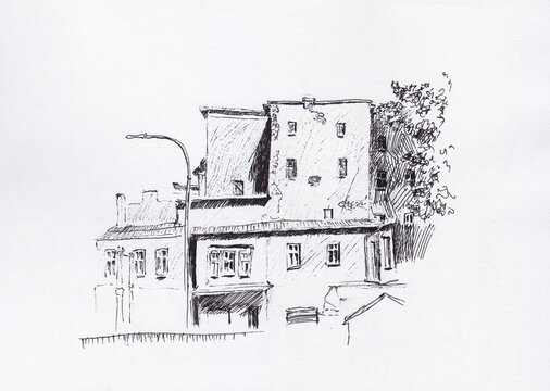 Pen drawn Eastern European residential building. Typical house in northern Poland of Soviet Union period. Two story building with multiple roofs and crumbling plaster. Pen on paper urban sketch.
